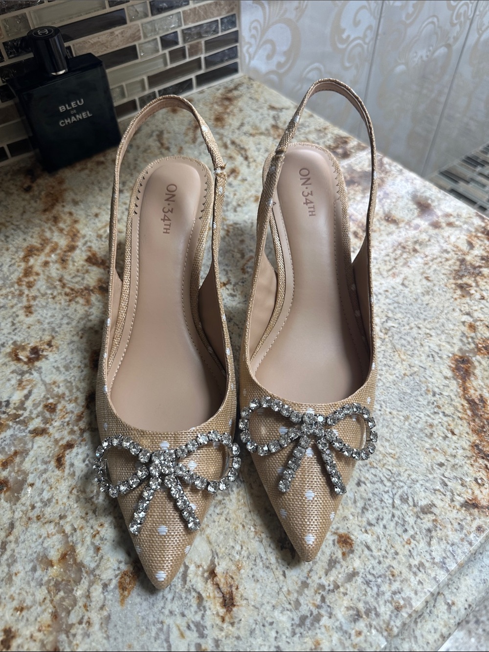 ON-34TH Nude Crystal Bow Slingback Mules